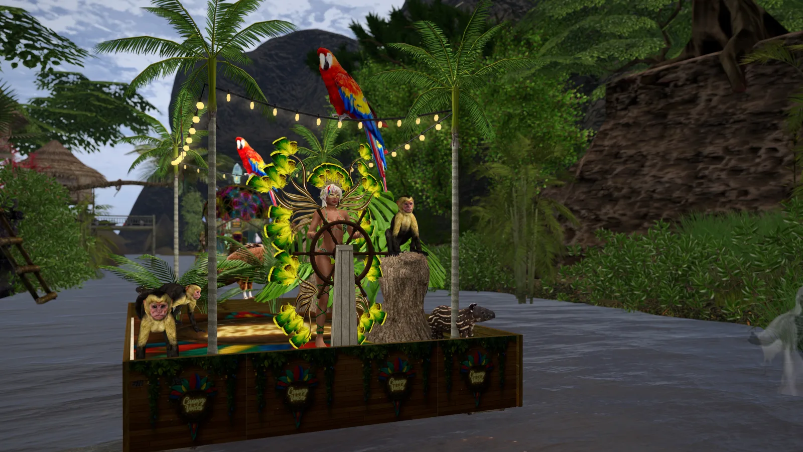 Native woman topless steers a wooden wheel on a decorated raft along the jungle riverbank with parrots and monkeys