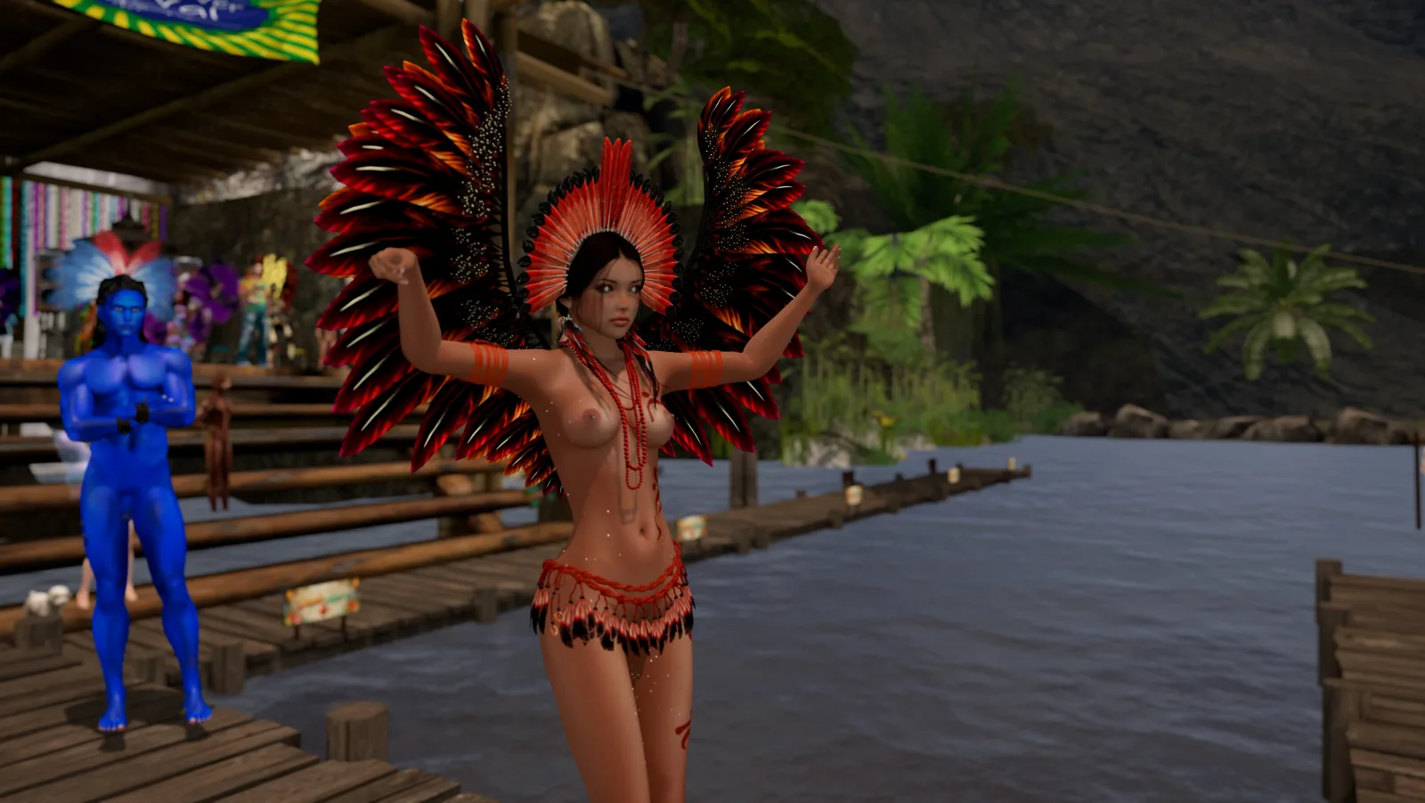 Native woman topless wearing a feathered headdress and wings dances on the river dock at the jungle camp