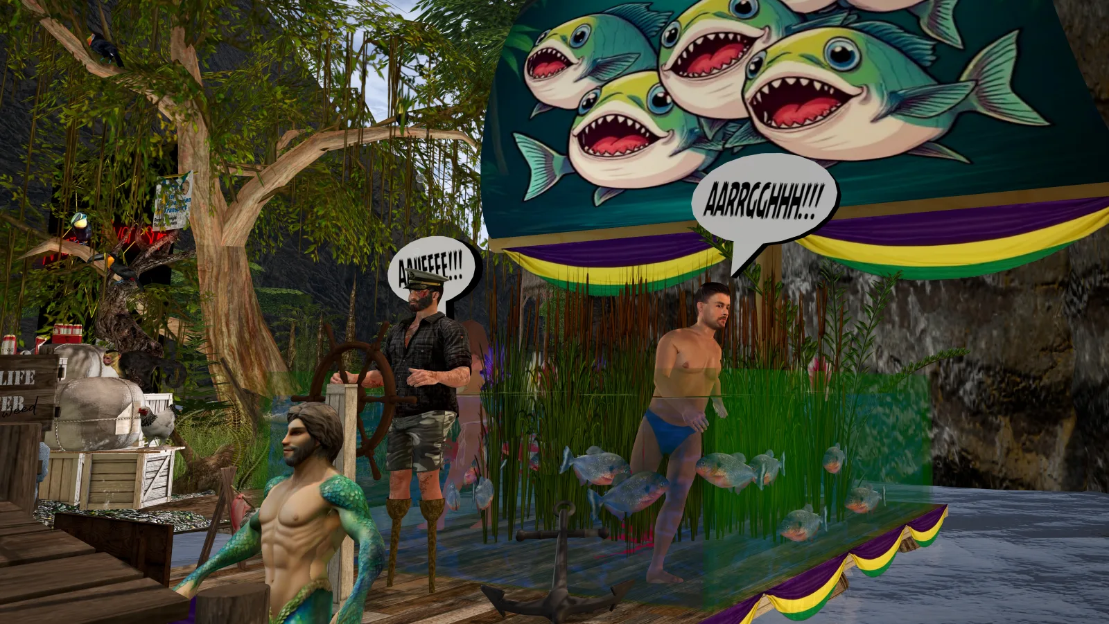 Topless villager wades in a fish tank exhibit on the jungle riverbank stage