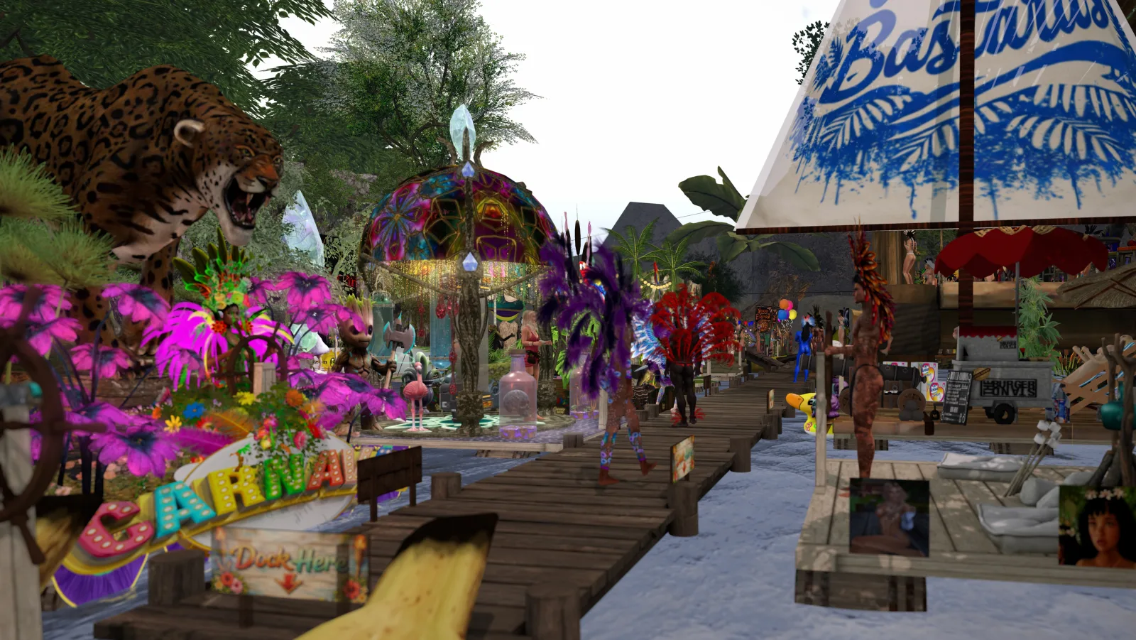 Dancers in feathered headdresses parade along the wooden pier at the jungle carnival