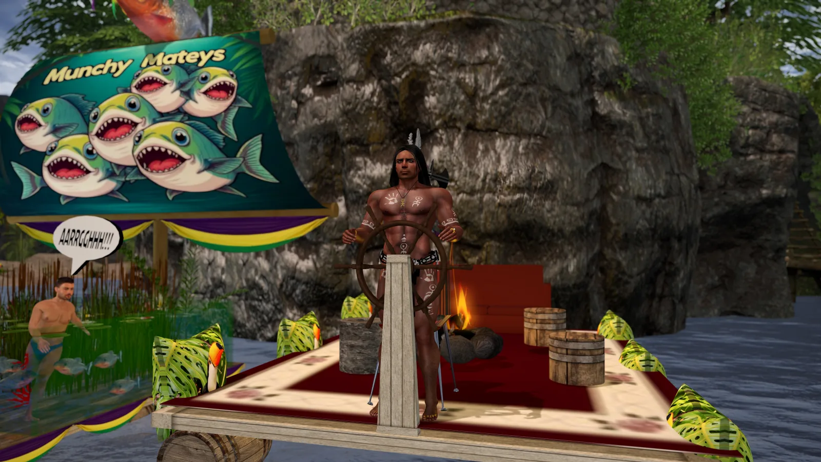 Shirtless shaman steers a wooden wheel on a decorated raft at the riverbank