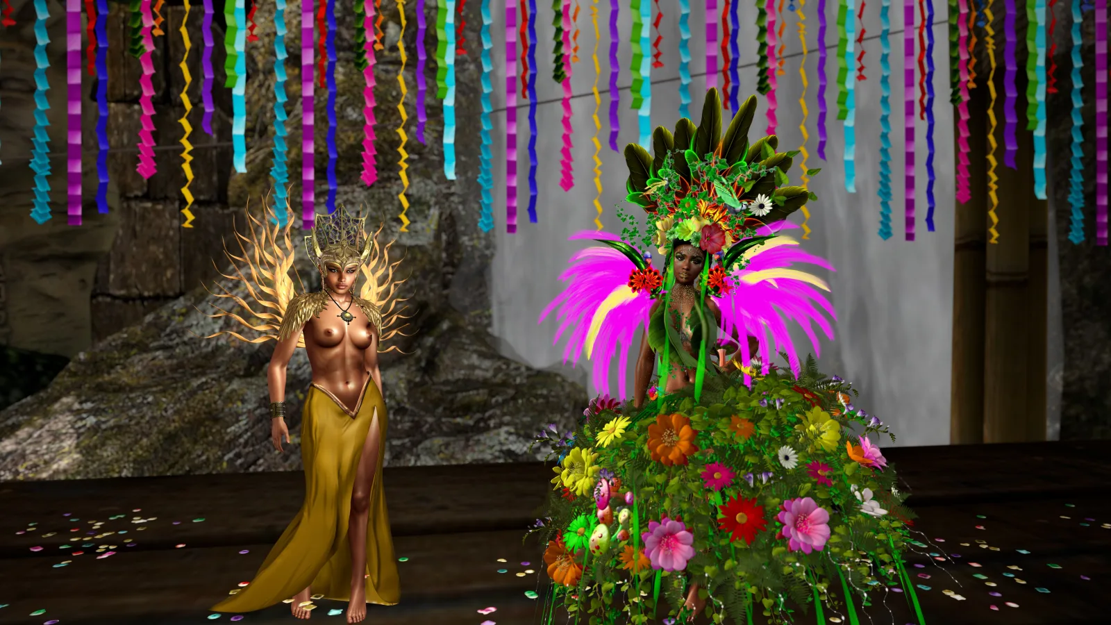 Two native women, one topless and one wearing a floral headdress and gown, pose at the jungle camp