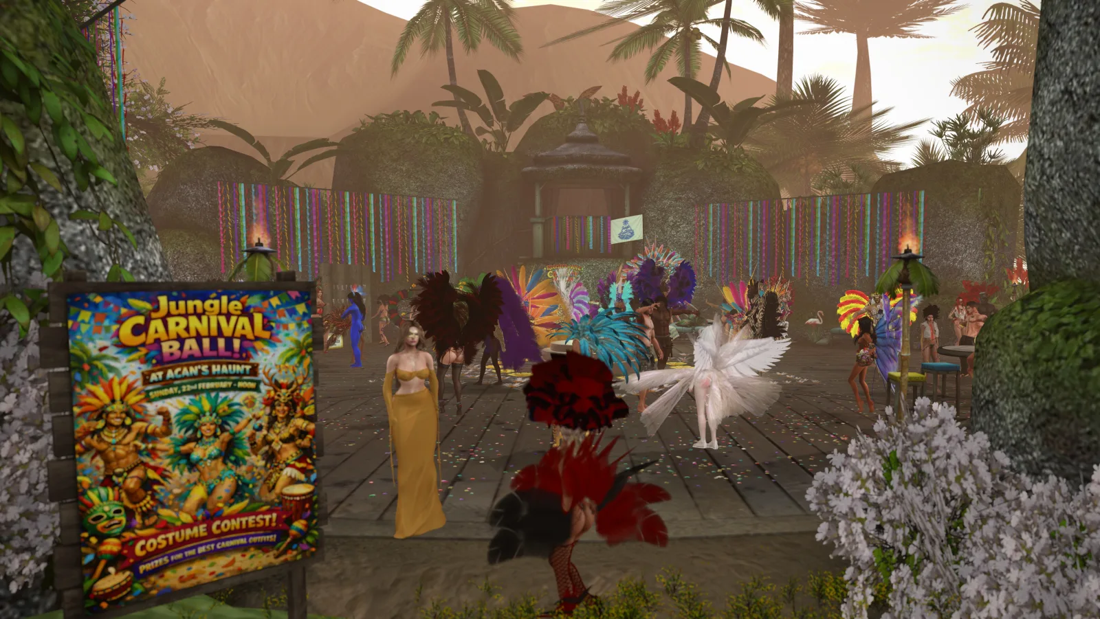 Dancers in colorful feathered costumes perform on the jungle stage at the Tapirapé carnival camp