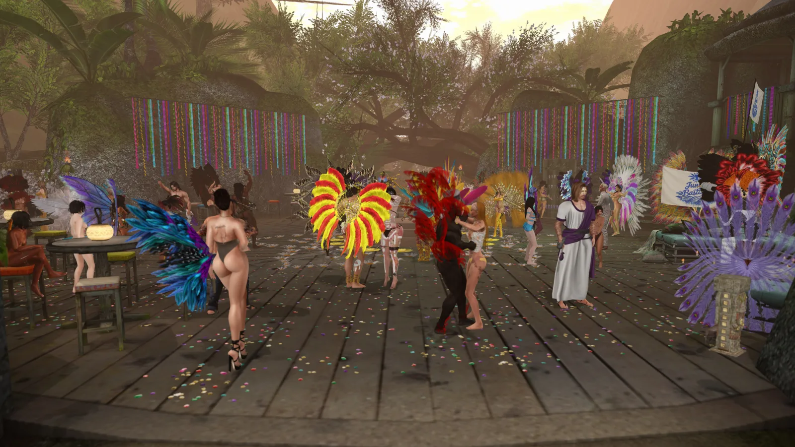 Native woman topless with blue feather wings walks across a confetti-strewn wooden plaza in the jungle camp