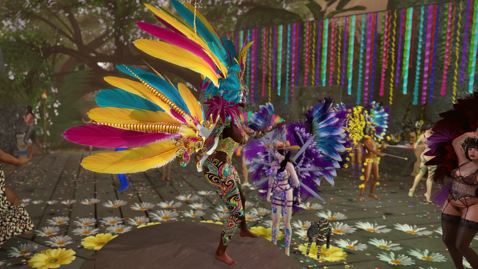 Native woman with feathered headdress dances on a platform amid colorful streamers in the jungle camp