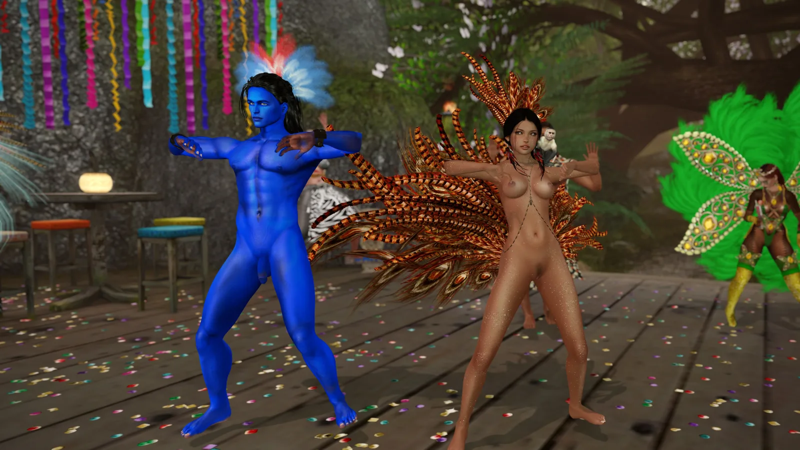 Villager unclothed and native woman unclothed dance on a confetti-strewn festive jungle stage