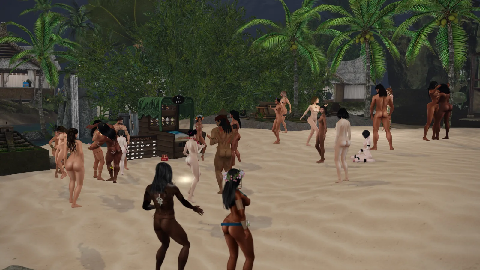 Unclothed dancers mingle on the sandy beach near the jungle camp under palm trees