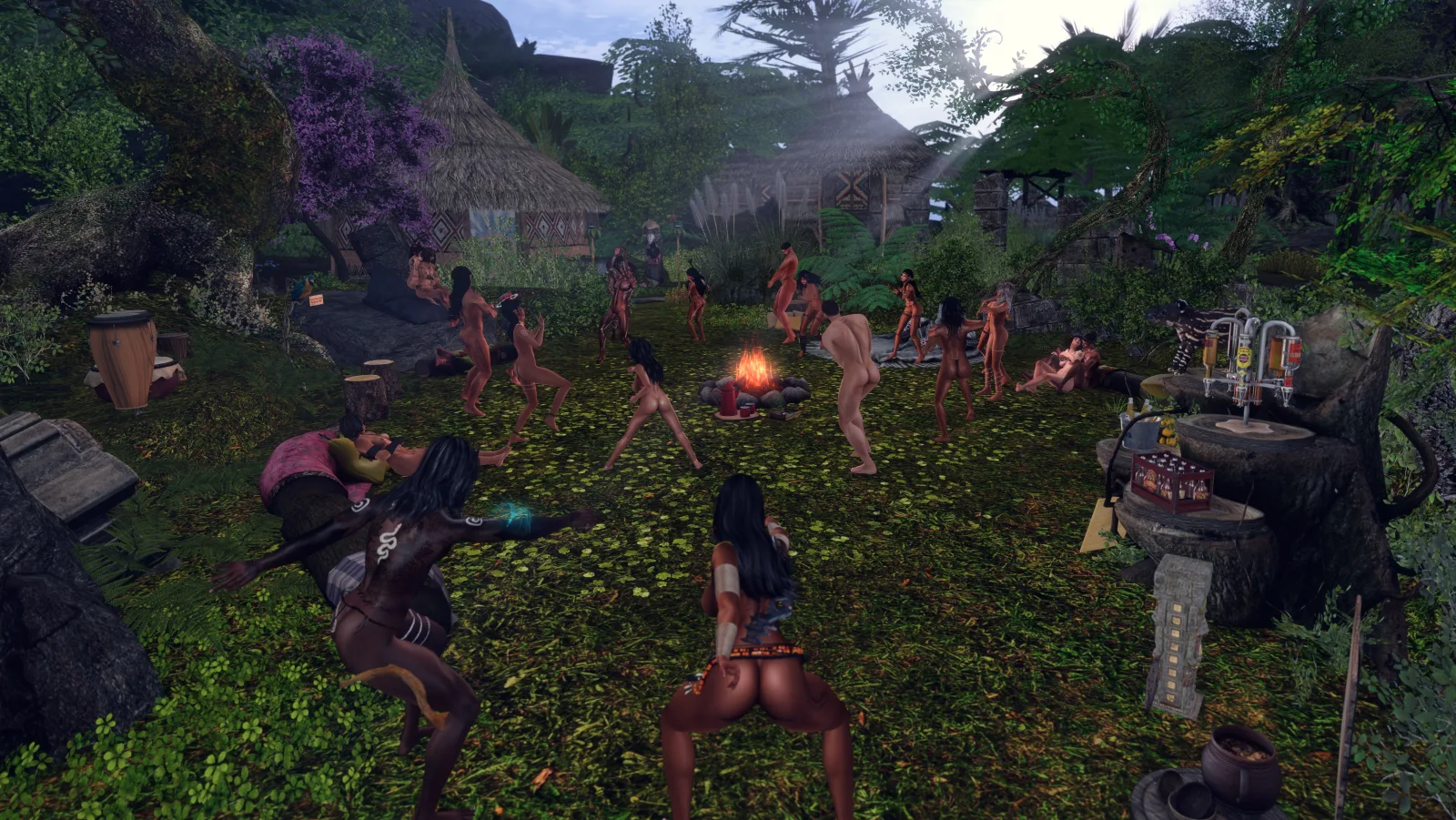Unclothed dancers circle a fire at the Tapirapé jungle camp